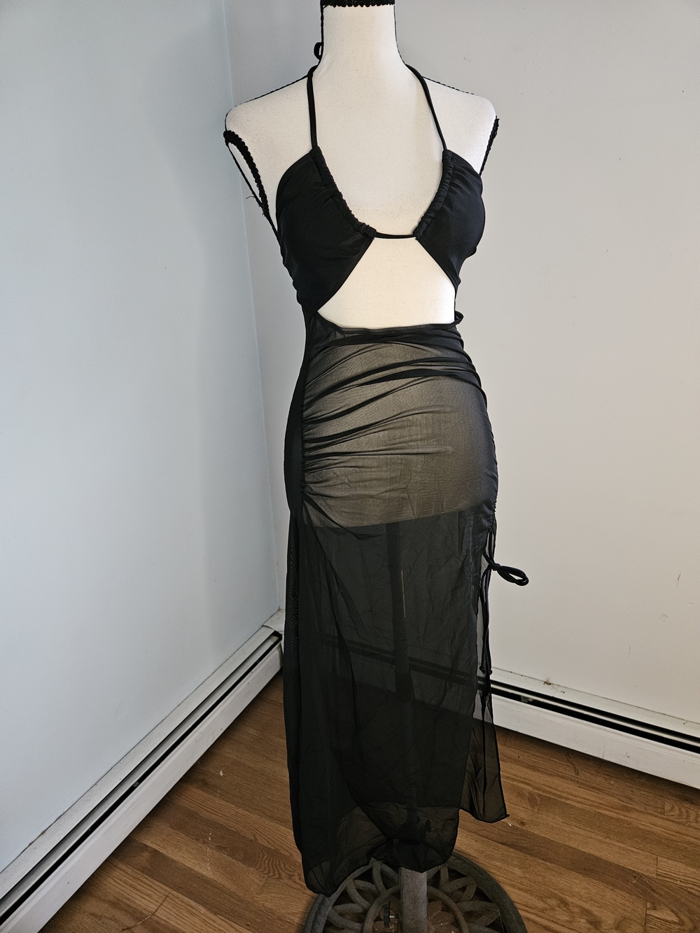 Black Sheer Cutout Maxi Dress - Sleek Halter Design#279